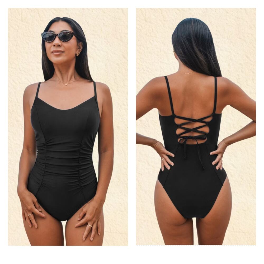Cupshe black Alluring One-Piece Swimsuit with Lace-Up Back Detail